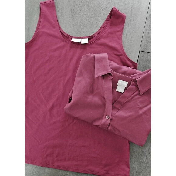 Chicos Womens Size 2 US L No Iron Button Up Shirt Blouse Camisole Set Rasberry - Picture 3 of 9
